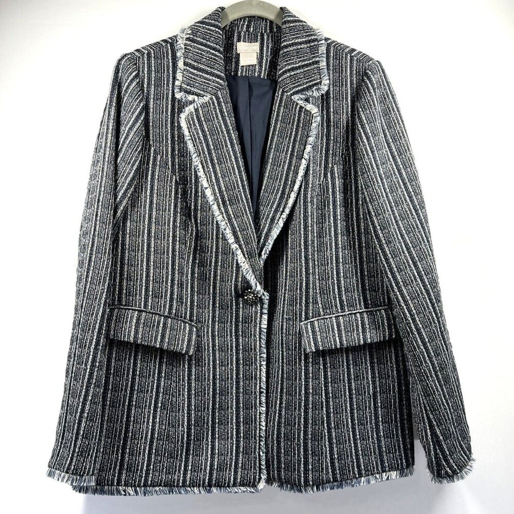 Chicos Blazer Womens M Blue Metallic Threads Fringe Collared Tweed Button Jacket